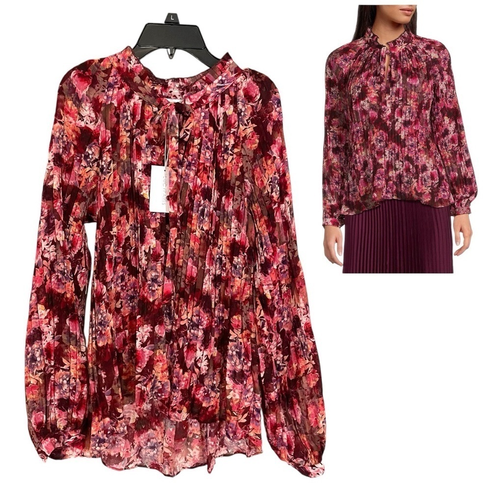 NEW Lucy Paris Feminine Floral Print Split V-Neck Long Sleeve Front Tie Top Sz M